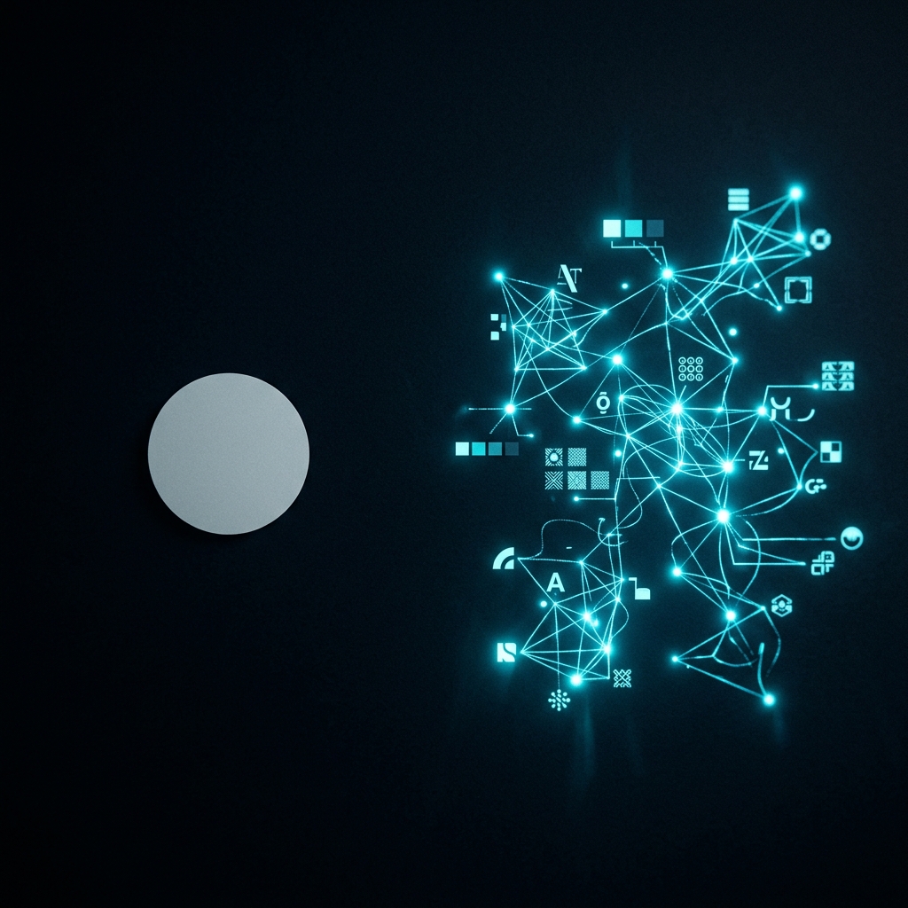 Left: a plain simple circle. Right: a glowing constellation of brand elements radiating cyan light — showing the contrast between a logo and a full brand identity.