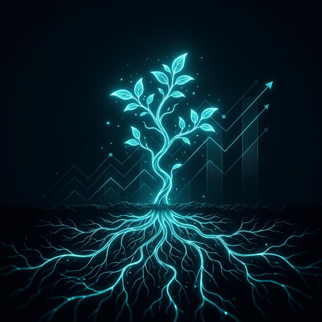 A glowing cyan tree growing upward with roots made of light networks, representing organic business growth