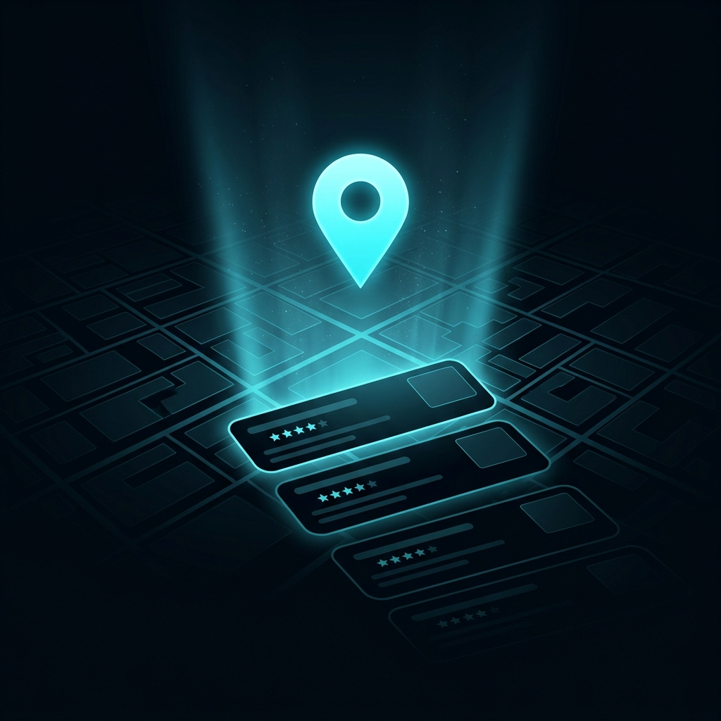 A glowing Google Maps location pin hovering above a dark abstract city map grid